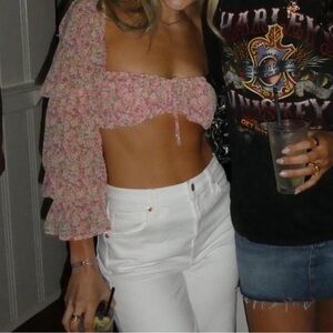 Pink Ruffled Tie Front Crop Top with 3/4 Sleeves